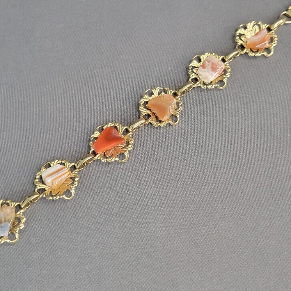 Delicate Womens Gold Tone Polished Agate Stones Fashion Bracelet 6 1/4 in - Picture 2 of 6